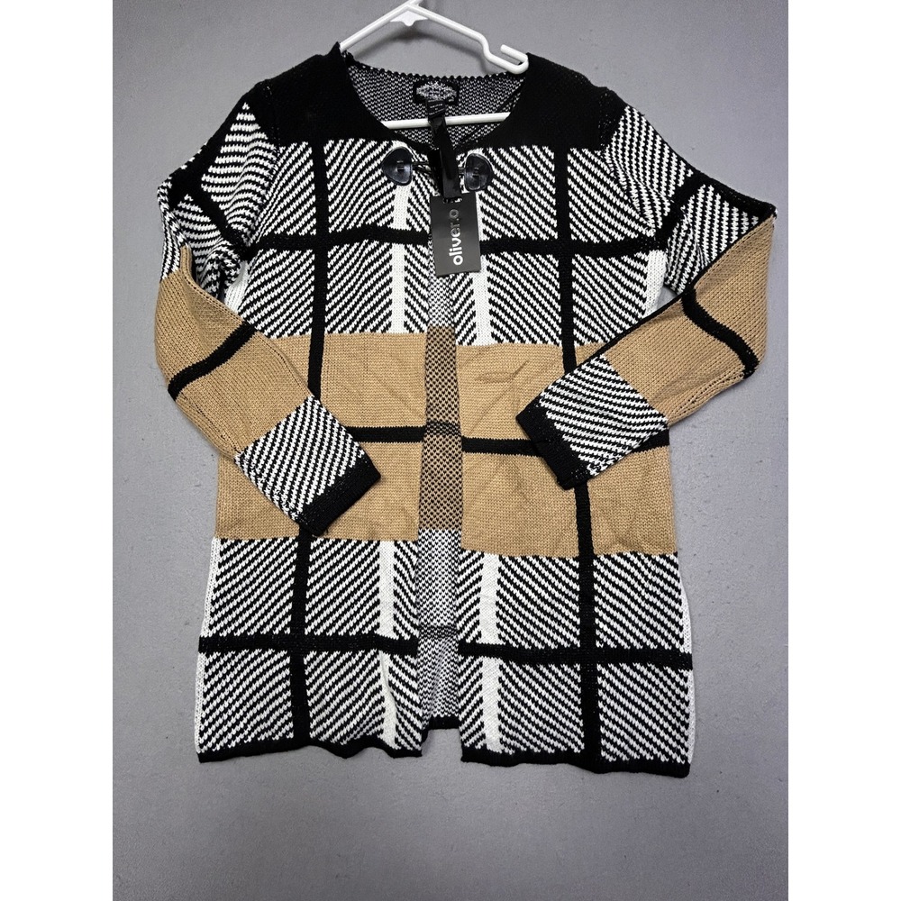 Oliver.O Cardigan 100% Acrylic Black Cream Tan Plaid Medium Womens
